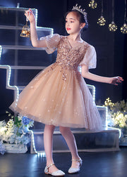 Chic Champagne Puff Sleeve Sequins Tulle Kids Girls Dress Summer