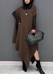 Chic Chocolate Asymmetrical Design Wrinkled Cotton Holiday Dress Fall