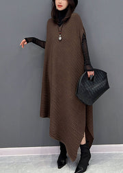Chic Chocolate Asymmetrical Design Wrinkled Cotton Holiday Dress Fall
