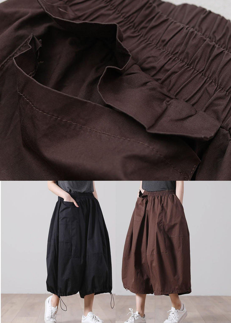 Chic Chocolate Elastic Waist Wide Leg Pants Trousers Cotton - SooLinen