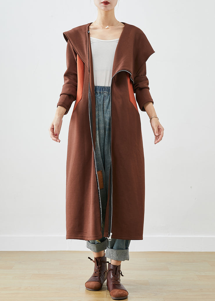 Chic Chocolate Hooded Asymmetrical Patchwork Cotton Coat Fall