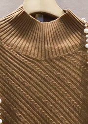 Chic Coffee High Neck Asymmetrical Exra Large Hem Knit Sweater Spring