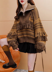 Chic Coffee High Neck Zippered Patchwork Tassel Knit Pullover Winter