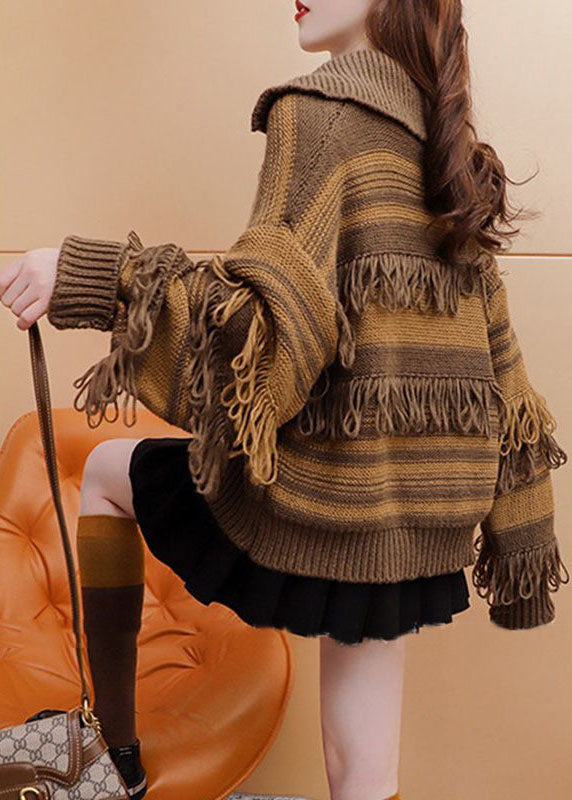 Chic Coffee High Neck Zippered Patchwork Tassel Knit Pullover Winter