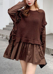 Chic Coffee Knit Patchwork Ruffled Fall sweaters