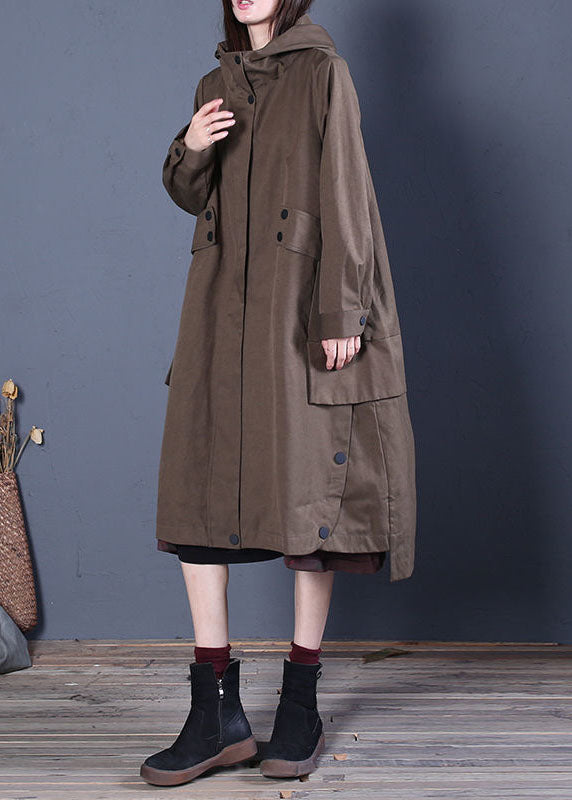 Chic Coffee Loose zippered Button Fall Hoodie Coat trench coats