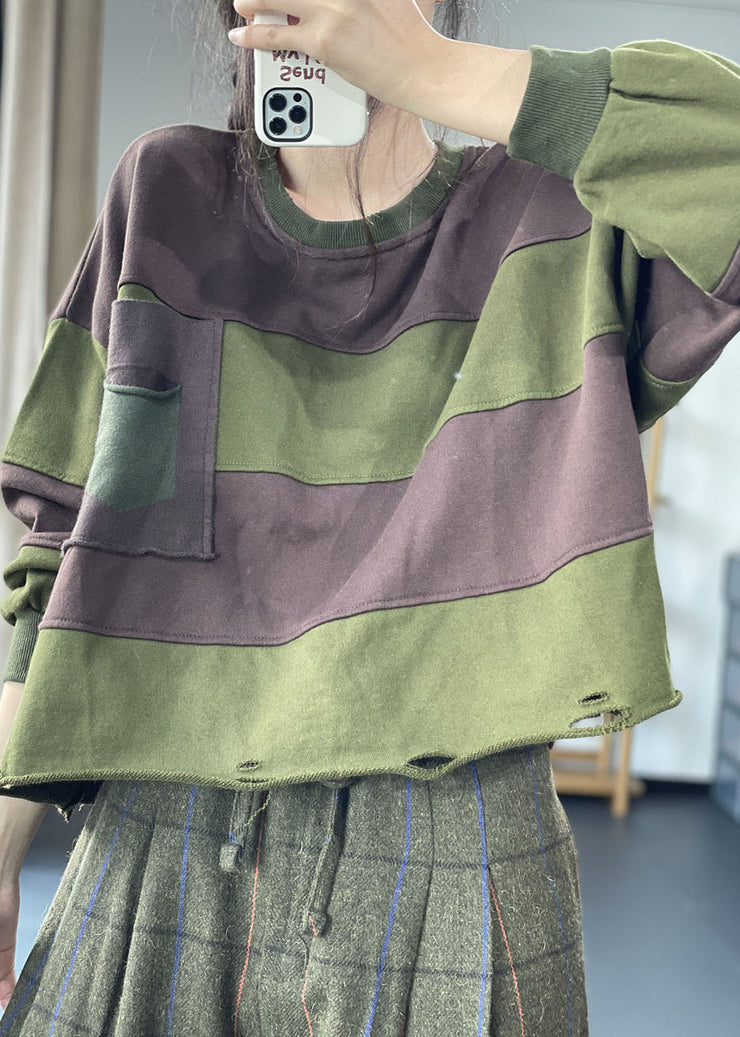 Chic Coffee O-Neck Striped Hole Casual Herbst Pullover Sweatshirt