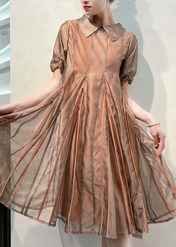 Chic Coffee Peter Pan Collar Wrinkled Patchwork Tulle Dress Summer