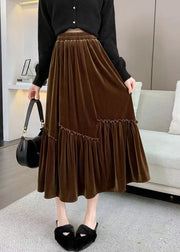 Chic Coffee Ruffled Patchwork Elastic Waist Velour Skirt Spring