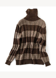Chic Coffee Striped Hign Neck Thick Patchwork Knit Short Sweater Fall