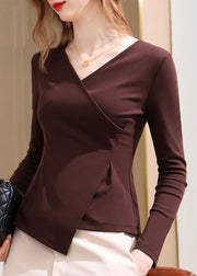 Chic Coffee V Neck Asymmetrical Patchwork Cotton Tops Spring