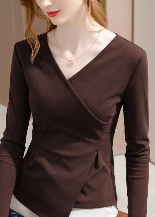Chic Coffee V Neck Asymmetrical Patchwork Cotton Tops Spring