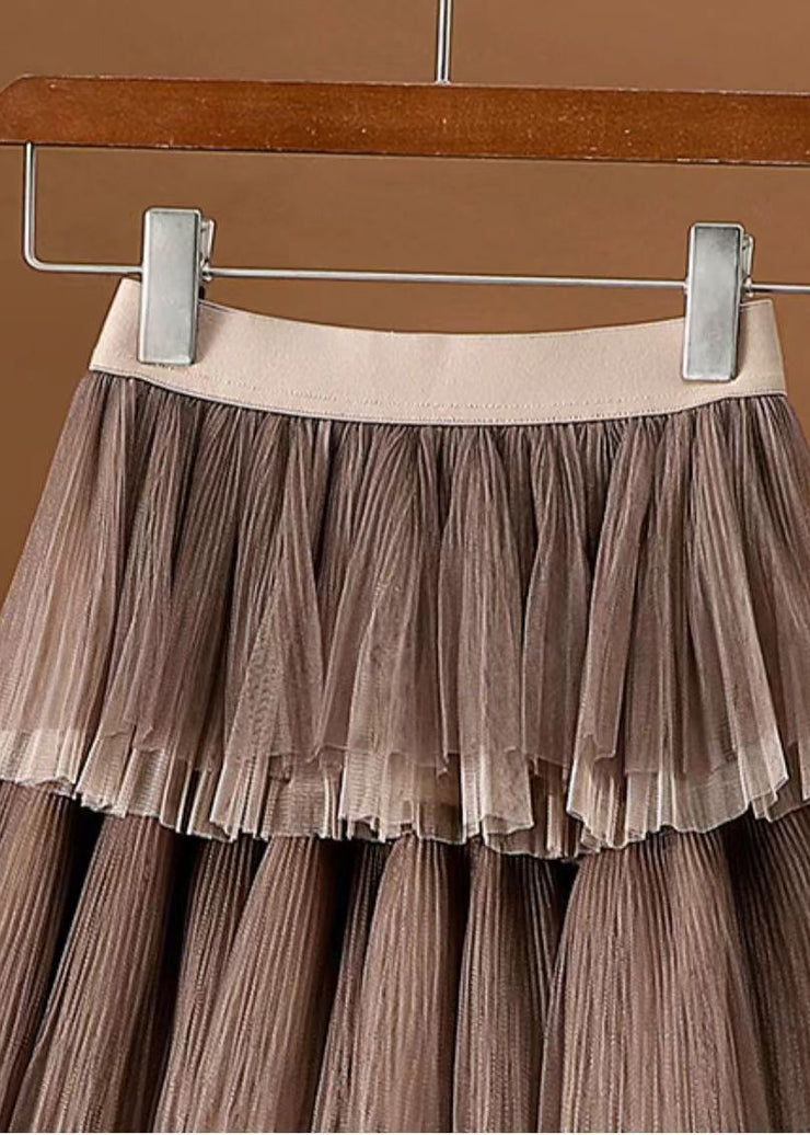 Chic Coffee Wrinkled Layered Elastic Waist Tulle Skirt Spring