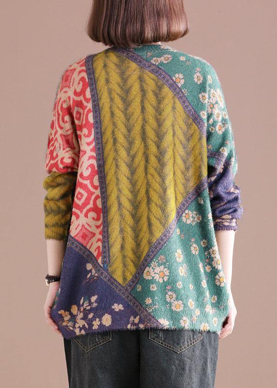 Chic Color Block O-Neck Print Cotton Sweater - SooLinen