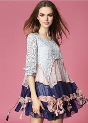 Chic Colorblock Asymmetrical Design Patchwork Lace Vacation Dress Half Sleeve