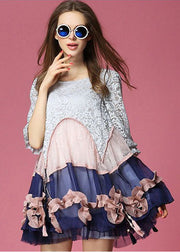 Chic Colorblock Asymmetrical Design Patchwork Lace Vacation Dress Half Sleeve