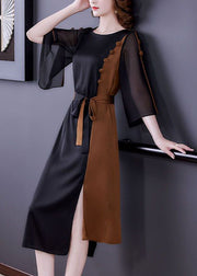 Chic Colorblock O-Neck Cinched Patchwork Side Open Silk Holiday Dress Summer