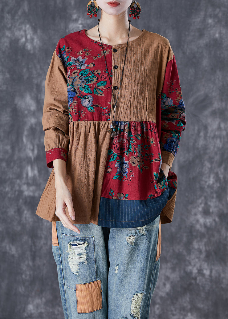 Chic Colorblock Oversized Patchwork Linen Top Fall