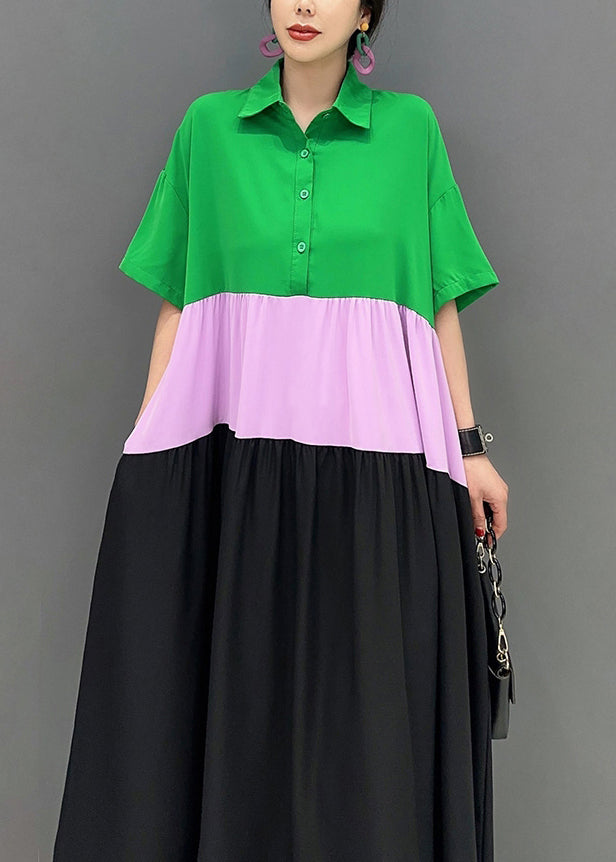 Chic Colorblock Peter Pan Collar Patchwork Cotton A Line Dress Short Sleeve