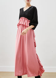 Chic Colorblock Ruffled Patchwork Silk Velour Long Dress Fall