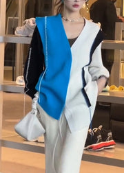 Chic Colorblock V Neck Asymmetrical Patchwork Knit Tops Fall