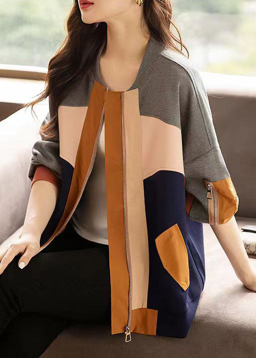 Chic Colorblock Zip Up Asymmetrical Patchwork Cotton Coat Fall