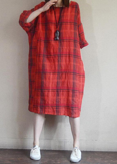 Chic Cotton tunic top 2019 Vintage Plaid Round Neck Cotton Linen Dress - SooLinen