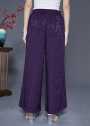 Chic Dark Purple Elastic Waist Jacquard Silk Pants Summer