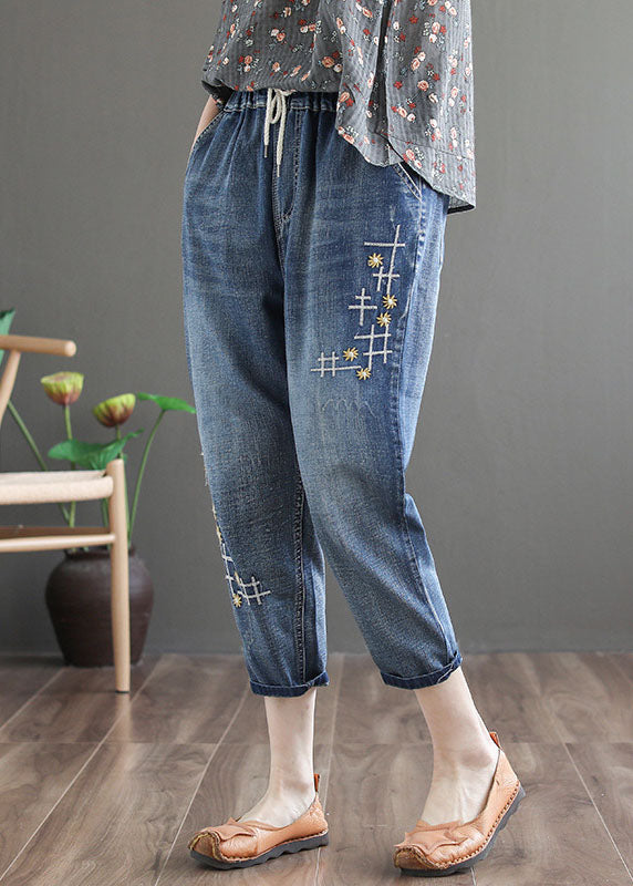 Chic Denim Blue Elastic Waist Embroidered Cotton Crop Pants Spring