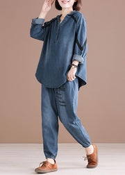 Chic Denim Blue Embroidered Hooded Top And Pants Two Pieces Set Fall