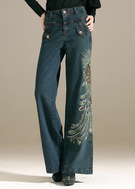 Chic Denim Blue Sequins Embroidered Pockets Cotton Wide Leg Pants Summer