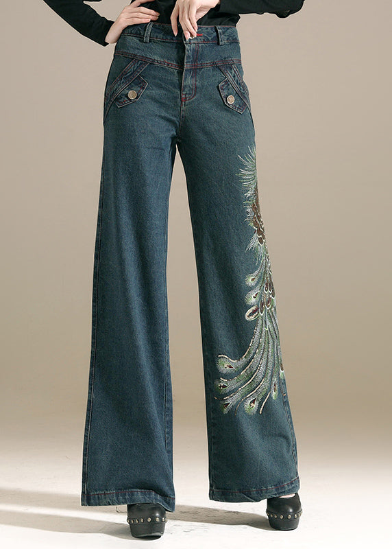 Schicke Jeansblaue Pailletten bestickte Taschen Baumwolle weites Bein Hosen Sommer