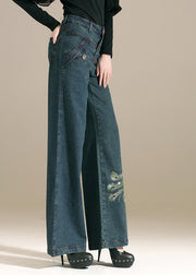 Chic Denim Blue Sequins Embroidered Pockets Cotton Wide Leg Pants Summer