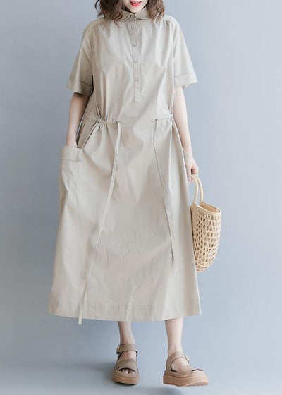 Chic Drawstring Cotton Summer Clothes For Women Runway Khaki long Dresses - SooLinen