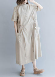 Chic Drawstring Cotton Summer Clothes For Women Runway Khaki long Dresses - SooLinen