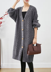 Chic Dull Grey V Neck Button Thick Cable Knit Long Cardigans Fall