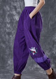 Chic Dull Purple Embroidered Patchwork Corduroy Pants Fall