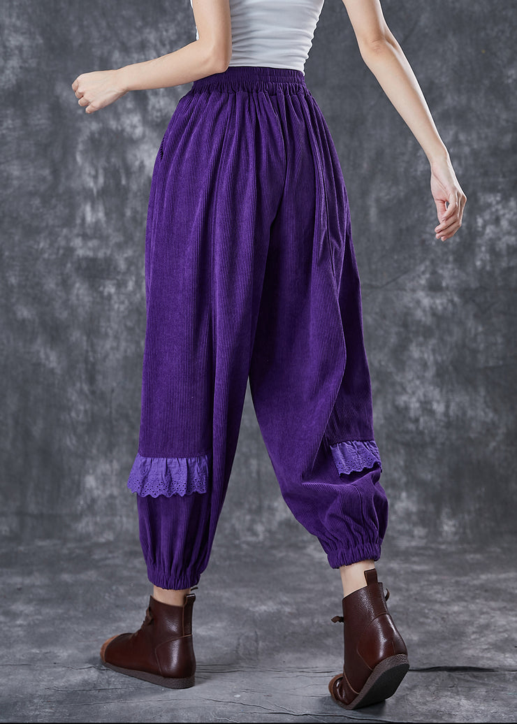 Chic Dull Purple Embroidered Patchwork Corduroy Pants Fall