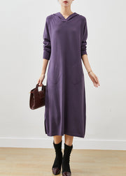 Chic Dull Purple Hooded Side Open Knit Dress Spring