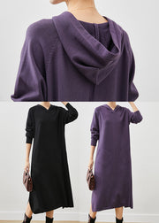 Chic Dull Purple Hooded Side Open Knit Dress Spring