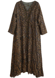 Chic Embroidery Dress Lnspiration Chocolate Green Long Dresses - SooLinen