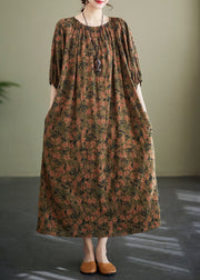 Chic Floral O Neck Wrinkled Patchwork Cotton Long Dresses Lantern Sleeve