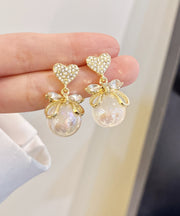 Chic Gold Alloy Zircon Pearl Bow Love Drop Earrings