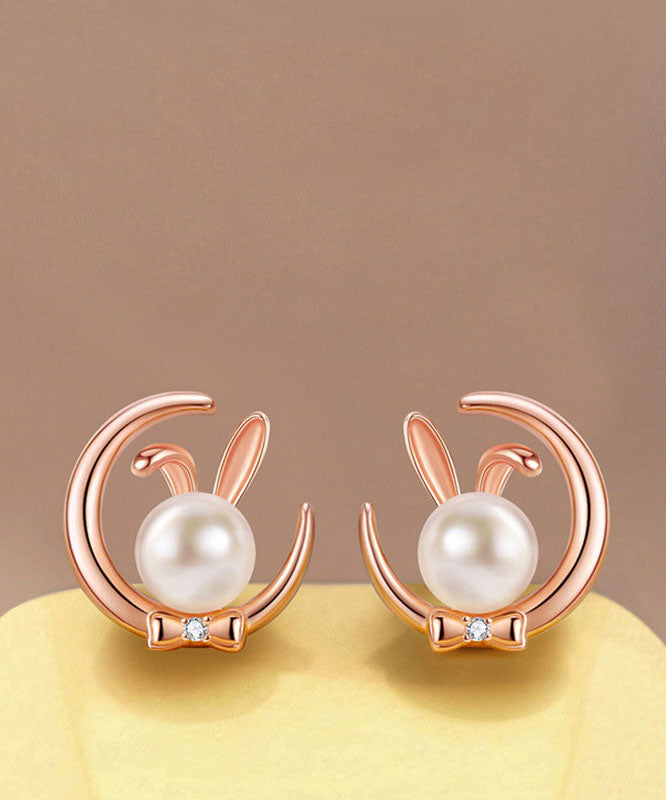 Chic Gold Cute Rabbit Pearl S925 Silver Stud Earrings