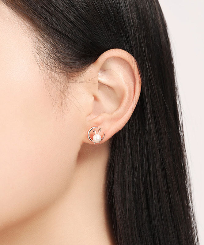 Chic Gold Cute Rabbit Pearl S925 Silver Stud Earrings