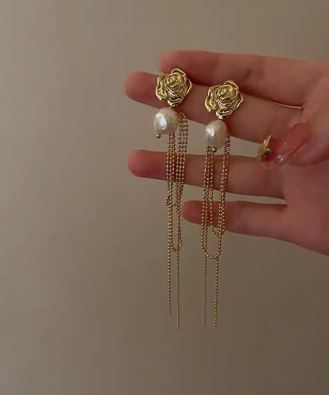 Chic Gold Overgild Pearl Long Tassel Drop Earrings