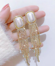 Chic Gold Sterling Silver Alloy Zircon Pearl Tassel Drop Earrings