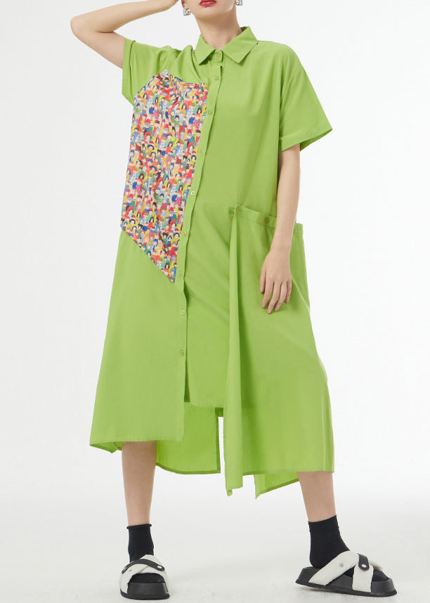 Chic Grass Green Asymmetrical Button Patchwork Silk Cotton Shirts Dress Summer