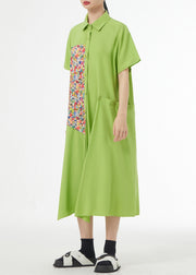 Chic Grass Green Asymmetrical Button Patchwork Silk Cotton Shirts Dress Summer