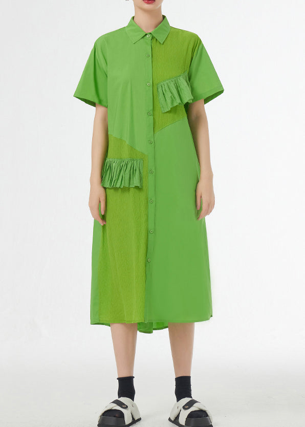 Chic Grass Green Ruffled Button Patchwork Cotton Shirts Dress Summer